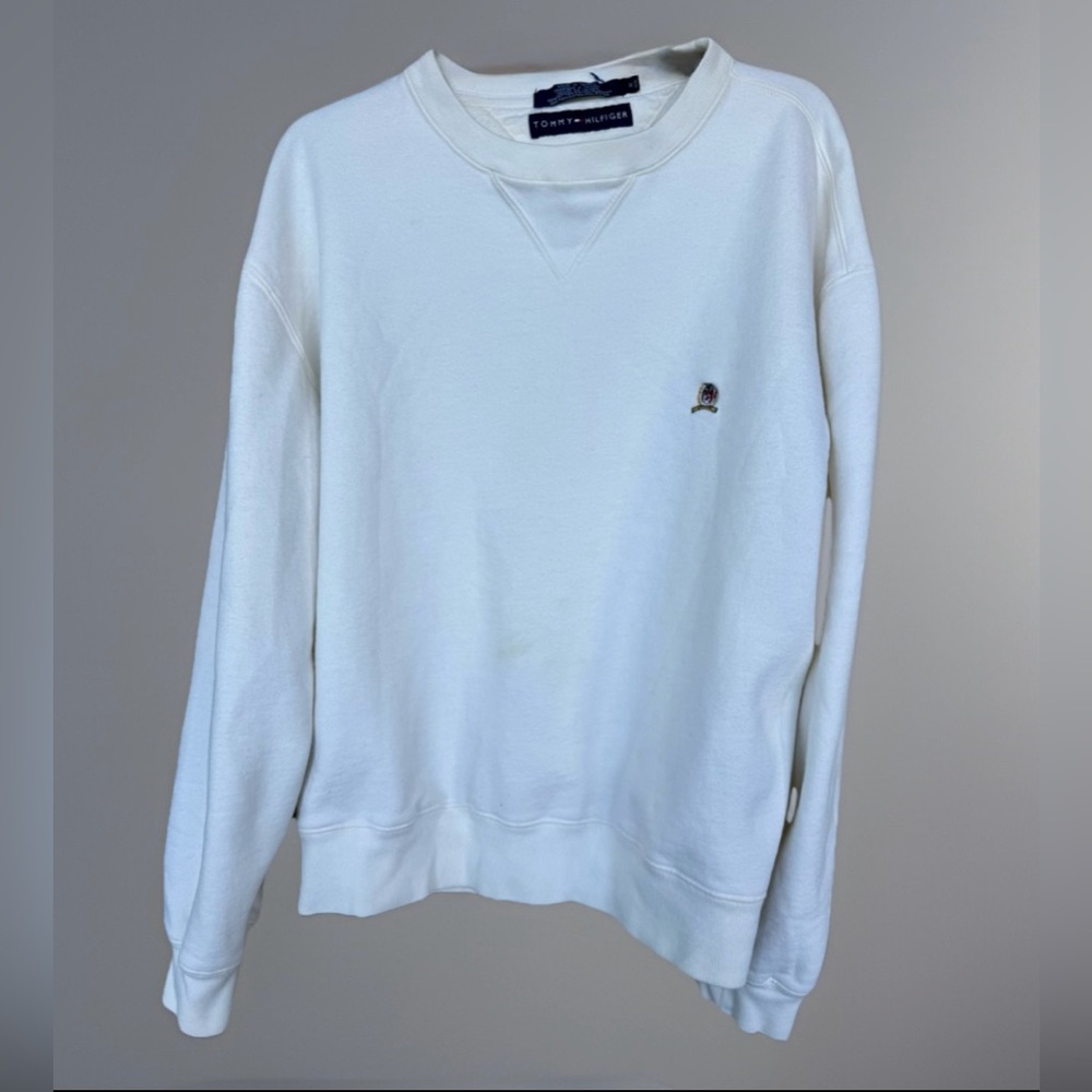 Vintage 90s Tommy Hilfiger Mens White Crewneck Sweatshirt Lion Crest Logo Medium